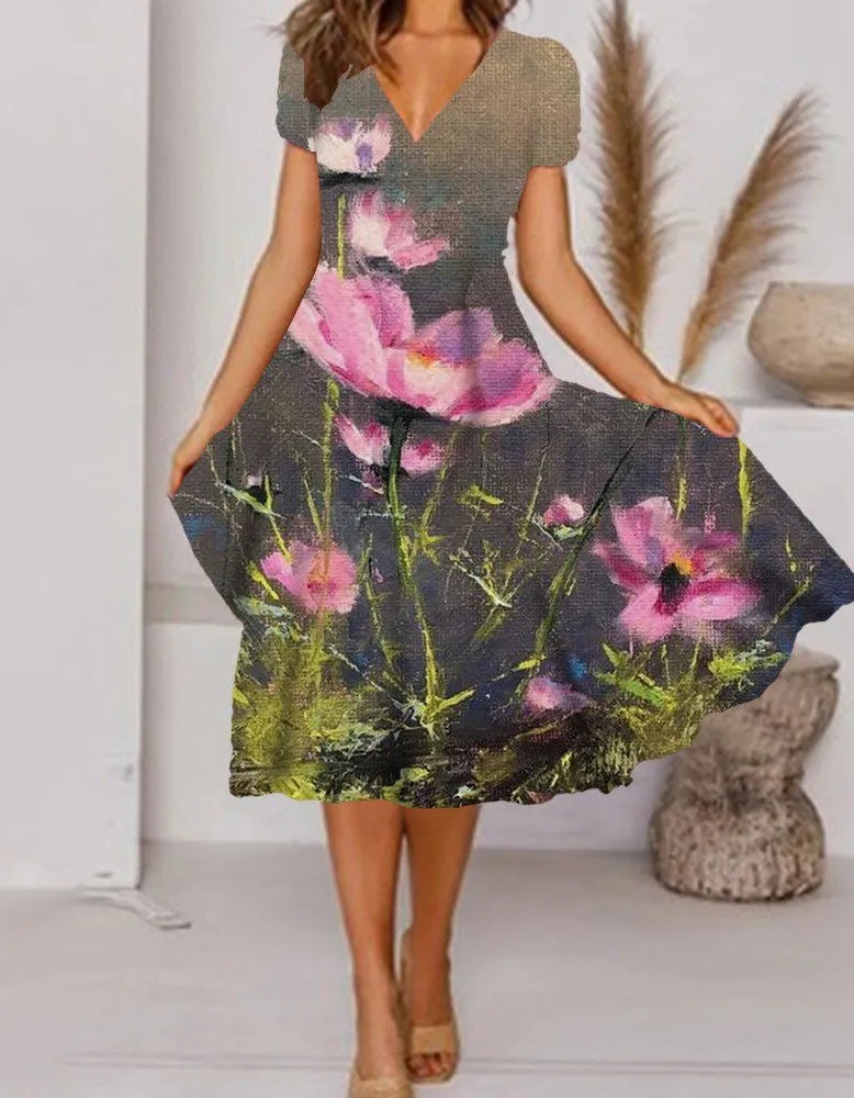 Painted Print V-Neck Short Sleeve Midi A Line Dresses