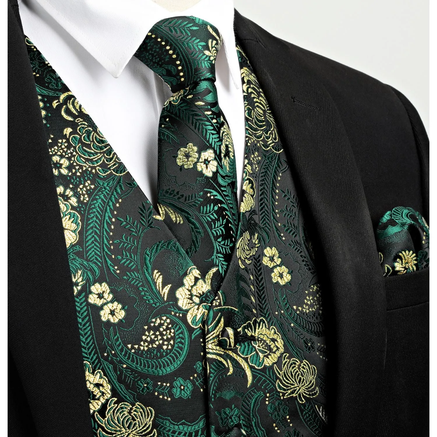 Paisley Floral 4pc Suit Vest Set - H-GREEN/GOLD/BLACK