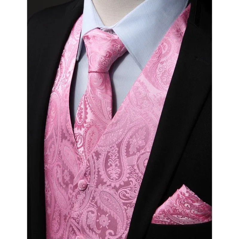 Paisley Suit Vest Tie Handkerchief Set - PINK