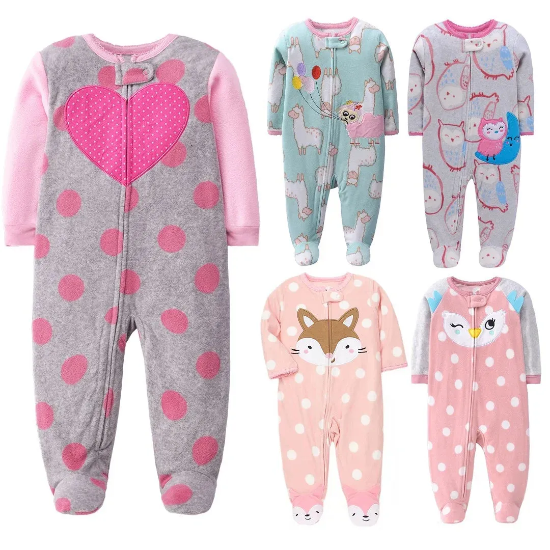 Pajamas Zipper Onesie - Warm Micro Fleece Baby Girl Romper 0-12 Months