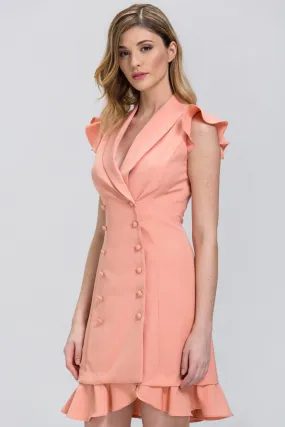 Peach Double Button Ruffled Hem Midi Dress