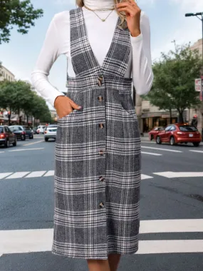 Perfee Pocketed Plaid Overall Dress