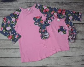 Pink Top w/Gray Floral Sleeves Mommy and Me Top