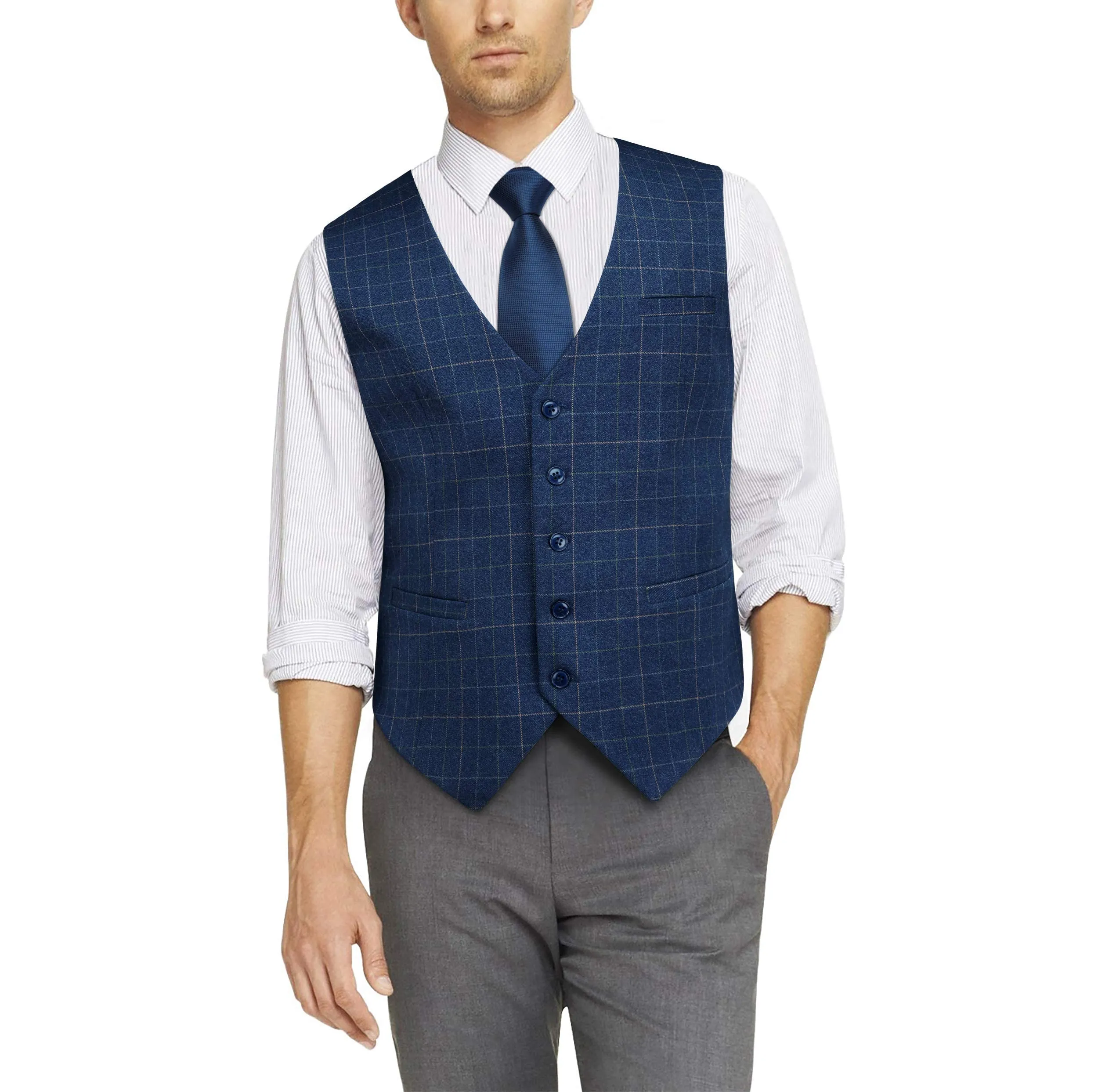 Plaid Slim Suit Vest - A-BLUE