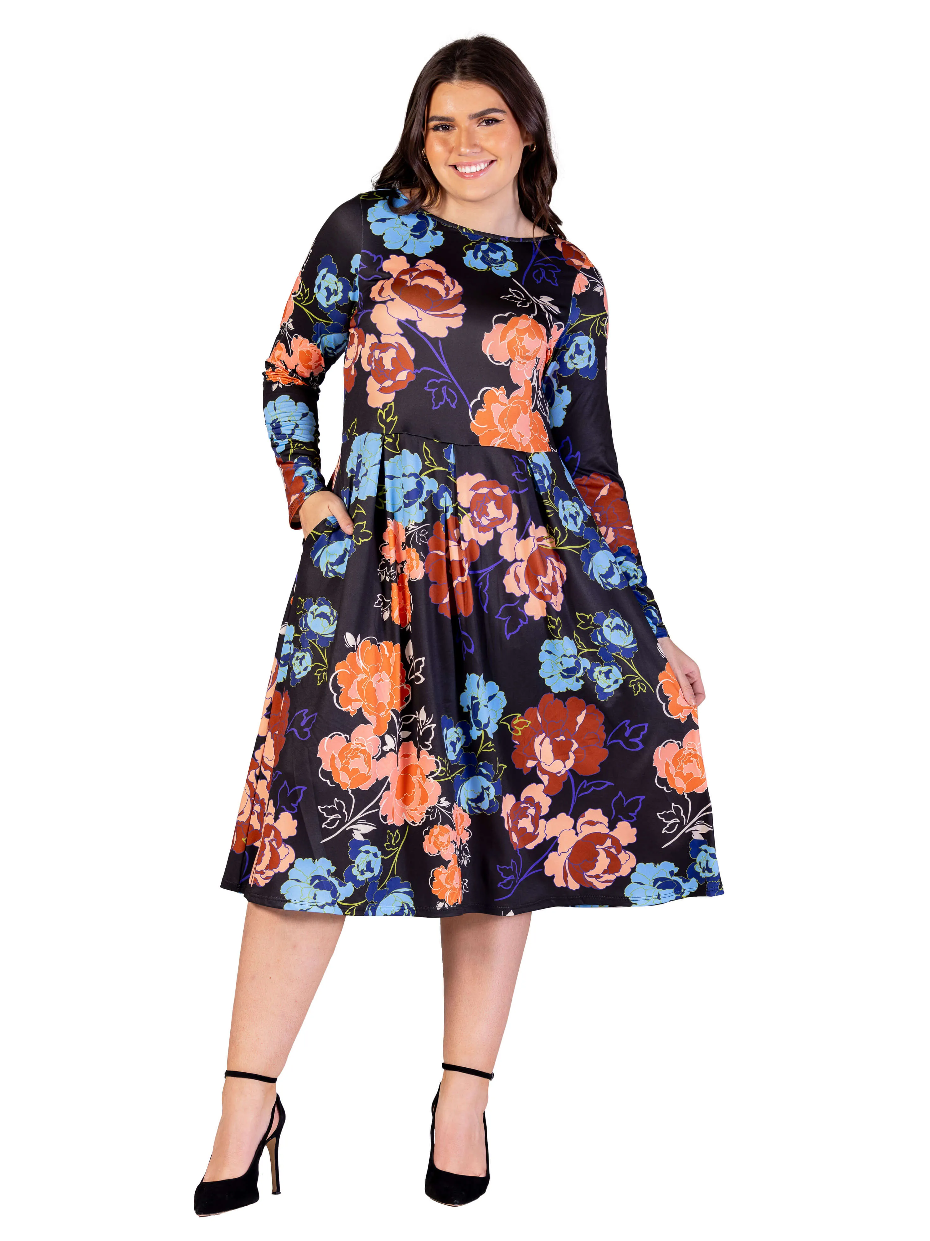 Plus Size Black Floral Midi Length Long Sleeve Pocket Dress