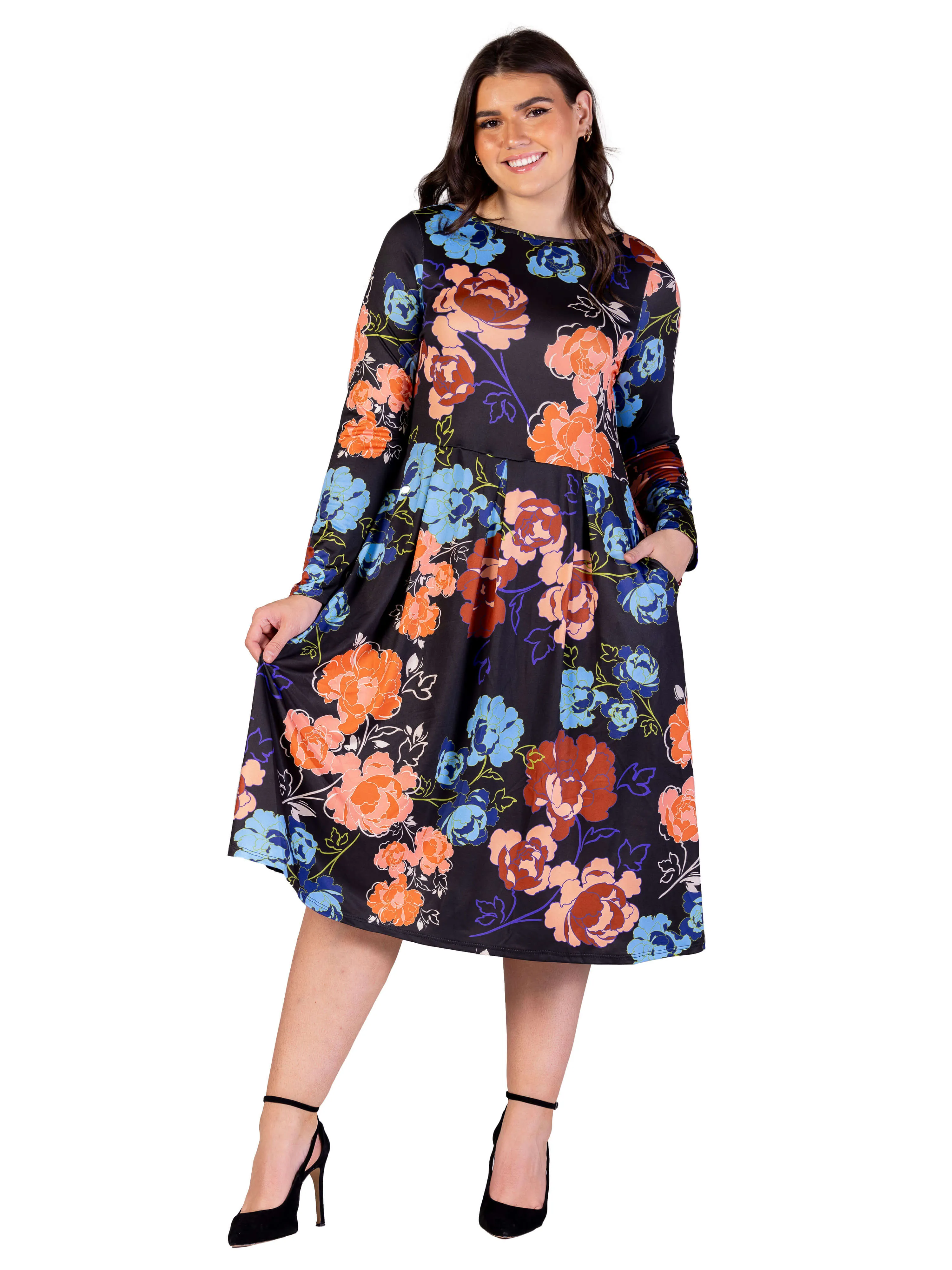 Plus Size Black Floral Midi Length Long Sleeve Pocket Dress