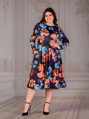 Plus Size Black Floral Midi Length Long Sleeve Pocket Dress