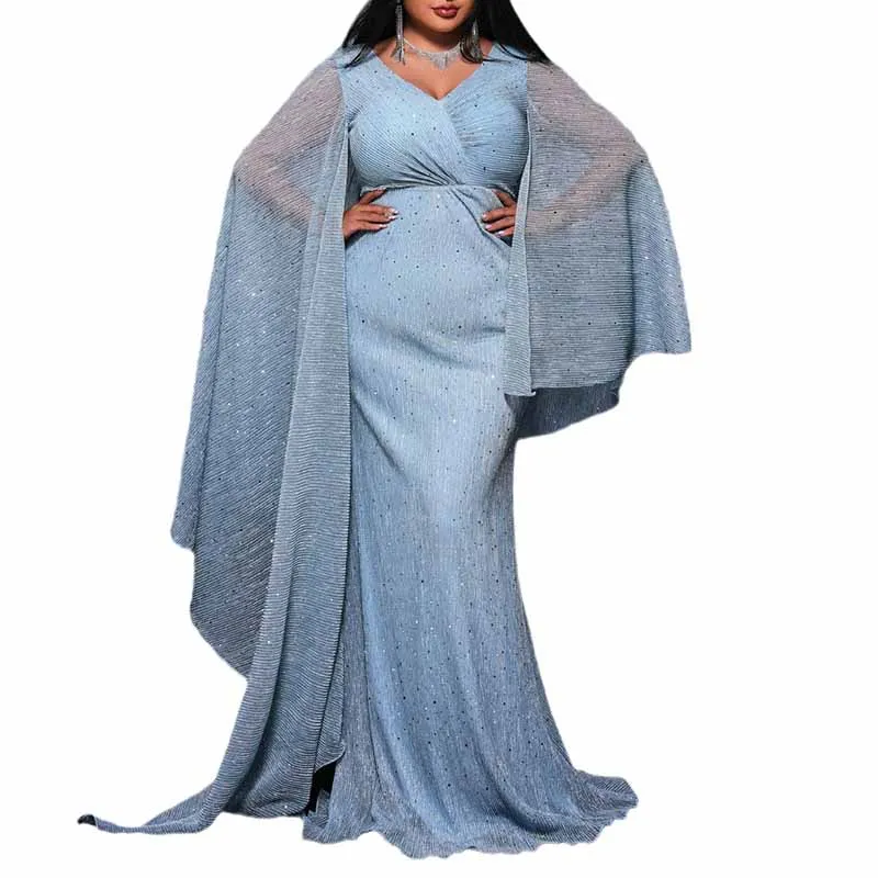 Plus Size Cape Sleeve Prom Dress Dusty Blue V Neck Event Dress