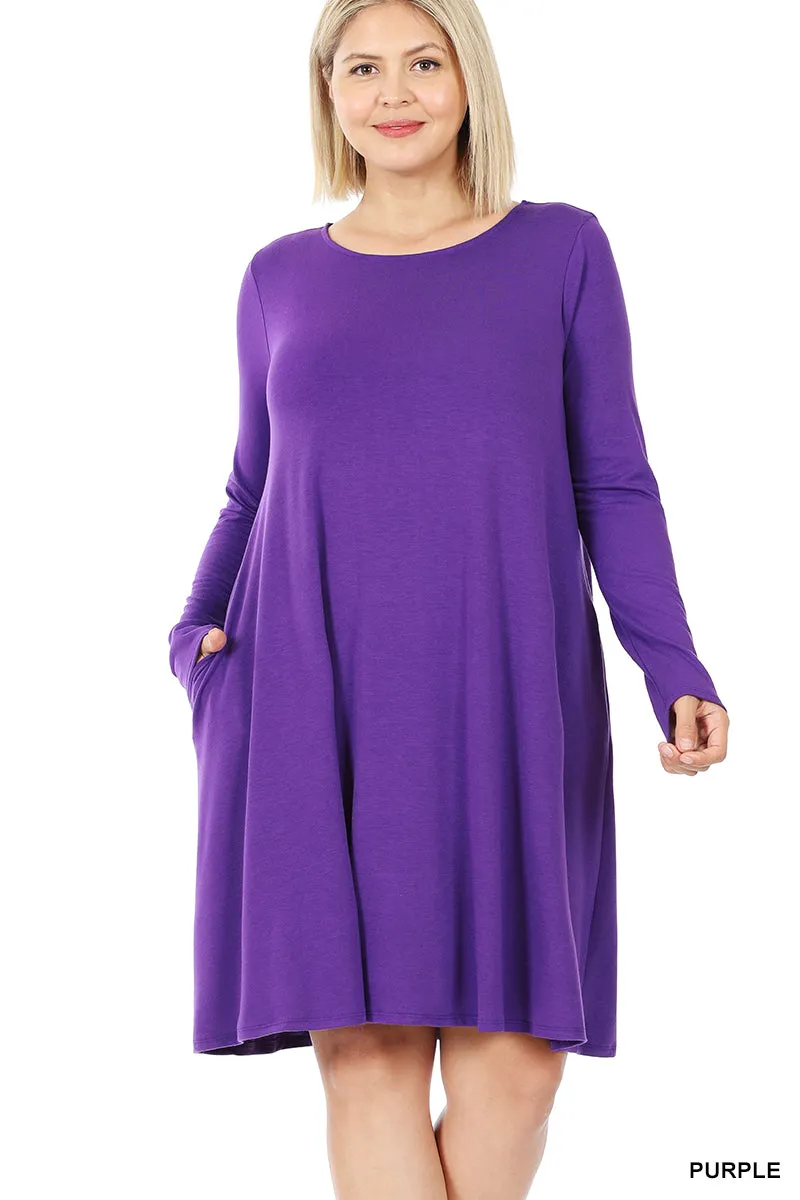 Plus Size Long Sleeve Jersey Flared Swing T-Shirt Tunic Dress with Side Pockets