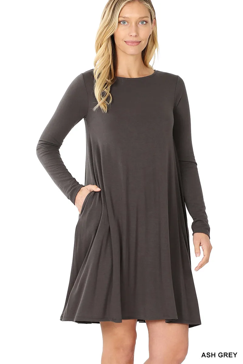 Plus Size Long Sleeve Jersey Flared Swing T-Shirt Tunic Dress with Side Pockets