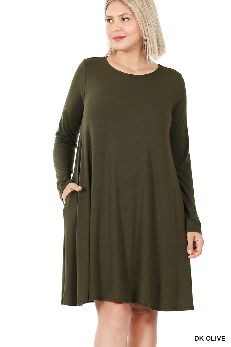 Plus Size Long Sleeve Jersey Flared Swing T-Shirt Tunic Dress with Side Pockets