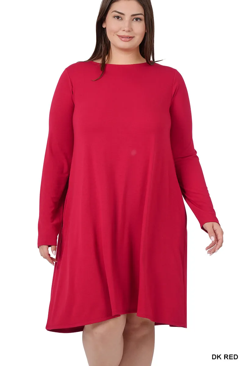 Plus Size Long Sleeve Jersey Flared Swing T-Shirt Tunic Dress with Side Pockets