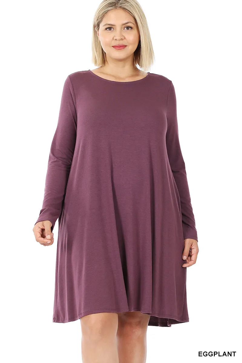 Plus Size Long Sleeve Jersey Flared Swing T-Shirt Tunic Dress with Side Pockets