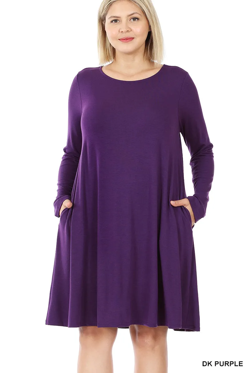 Plus Size Long Sleeve Jersey Flared Swing T-Shirt Tunic Dress with Side Pockets