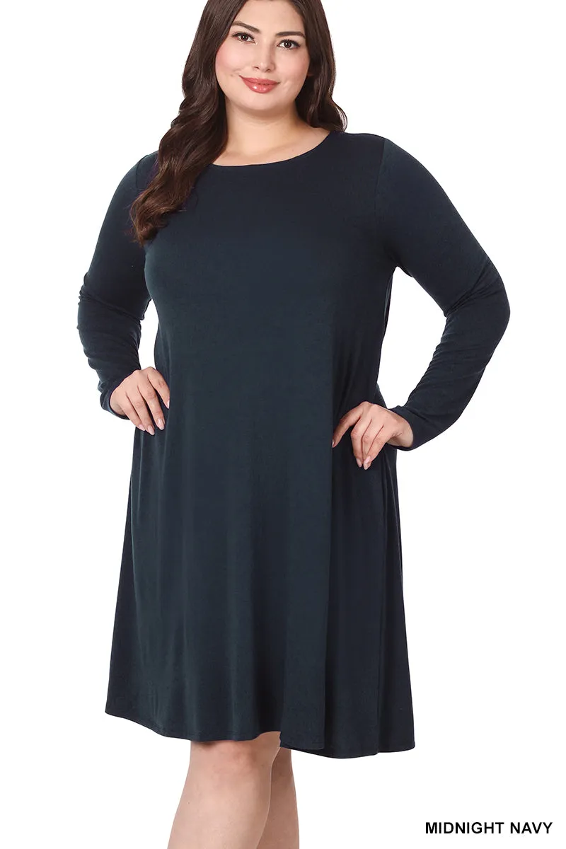 Plus Size Long Sleeve Jersey Flared Swing T-Shirt Tunic Dress with Side Pockets