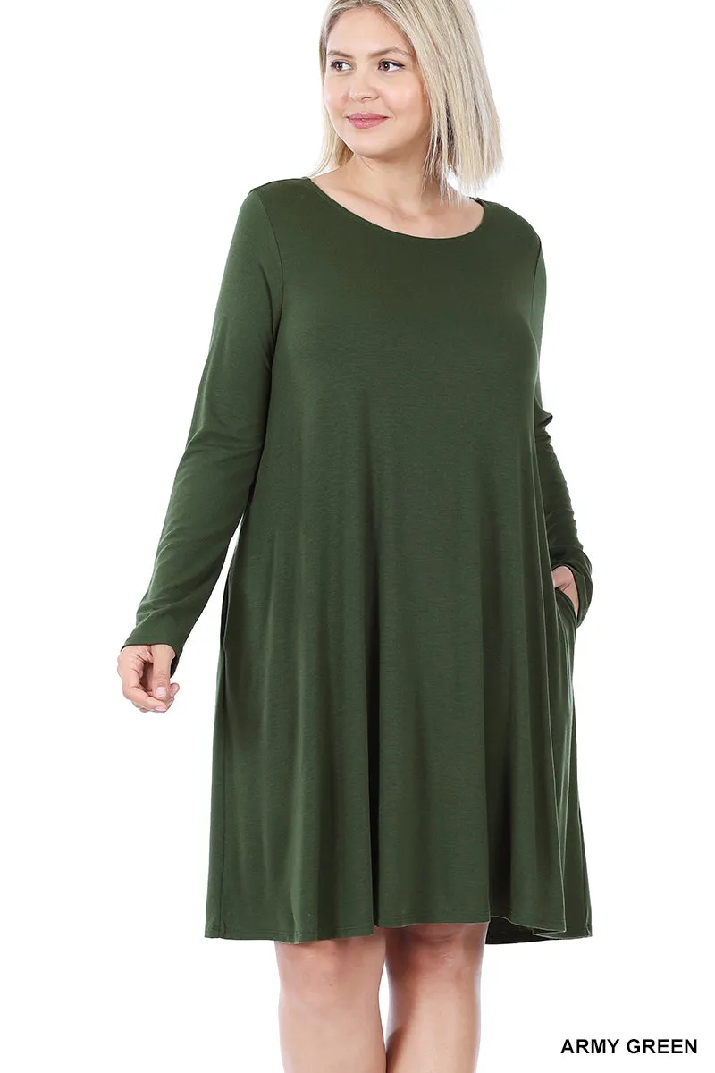 Plus Size Long Sleeve Jersey Flared Swing T-Shirt Tunic Dress with Side Pockets