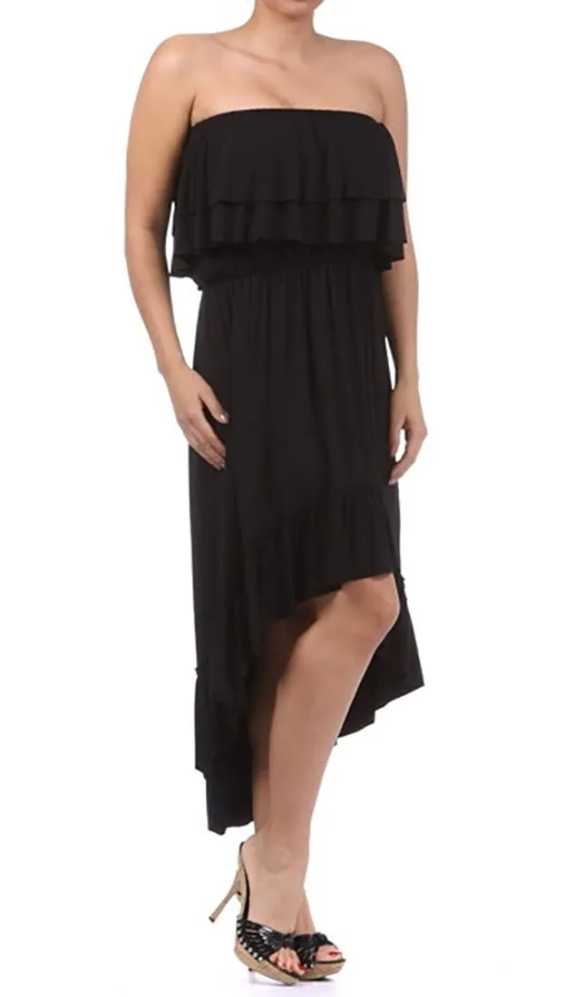 Plus Size Strapless Ruffle Hi Low Dress in Black