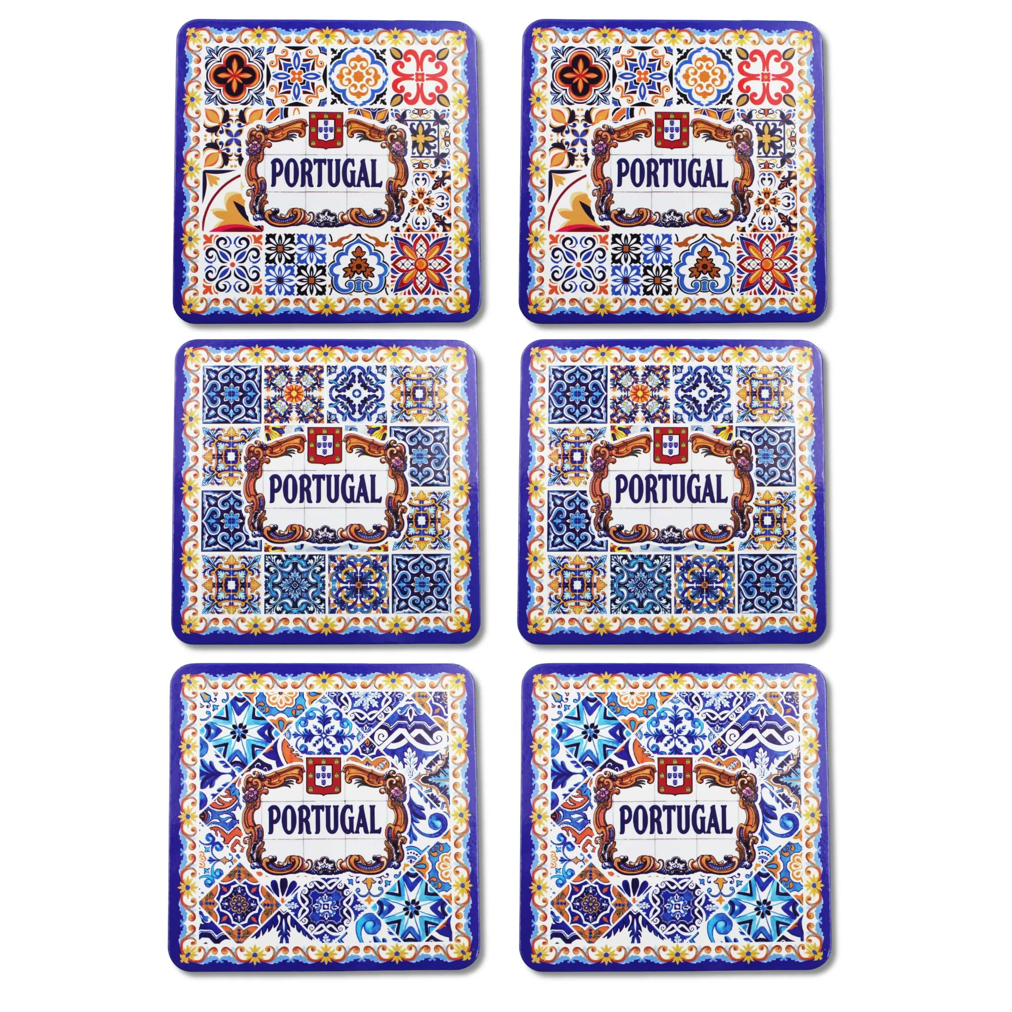 Portuguese Themed Coaster Set - 6 Piece Collection with Blue Tile Azulejo Design