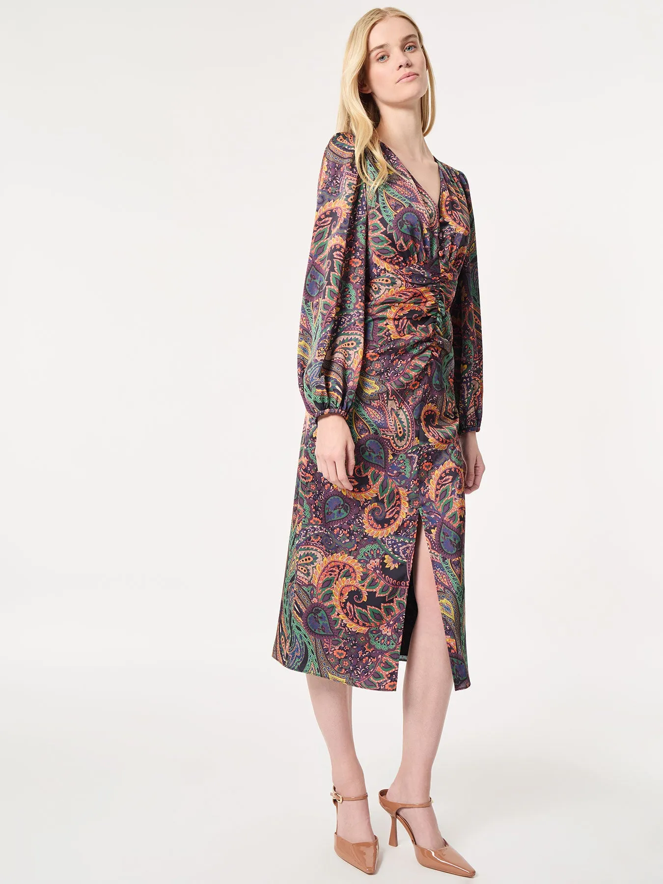 Printed Shirred Front Midi Dress, Satin