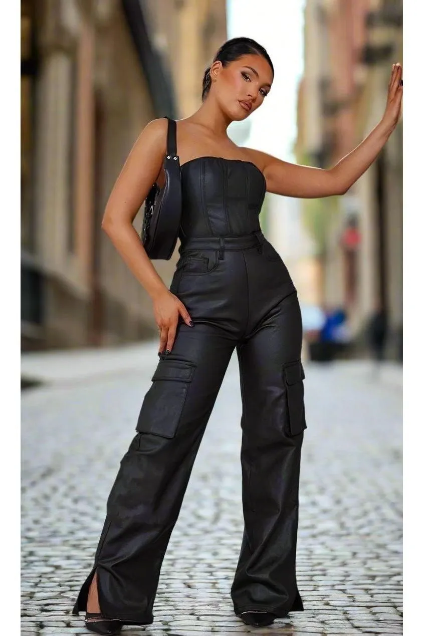 PU leather pocket casual jumpsuit