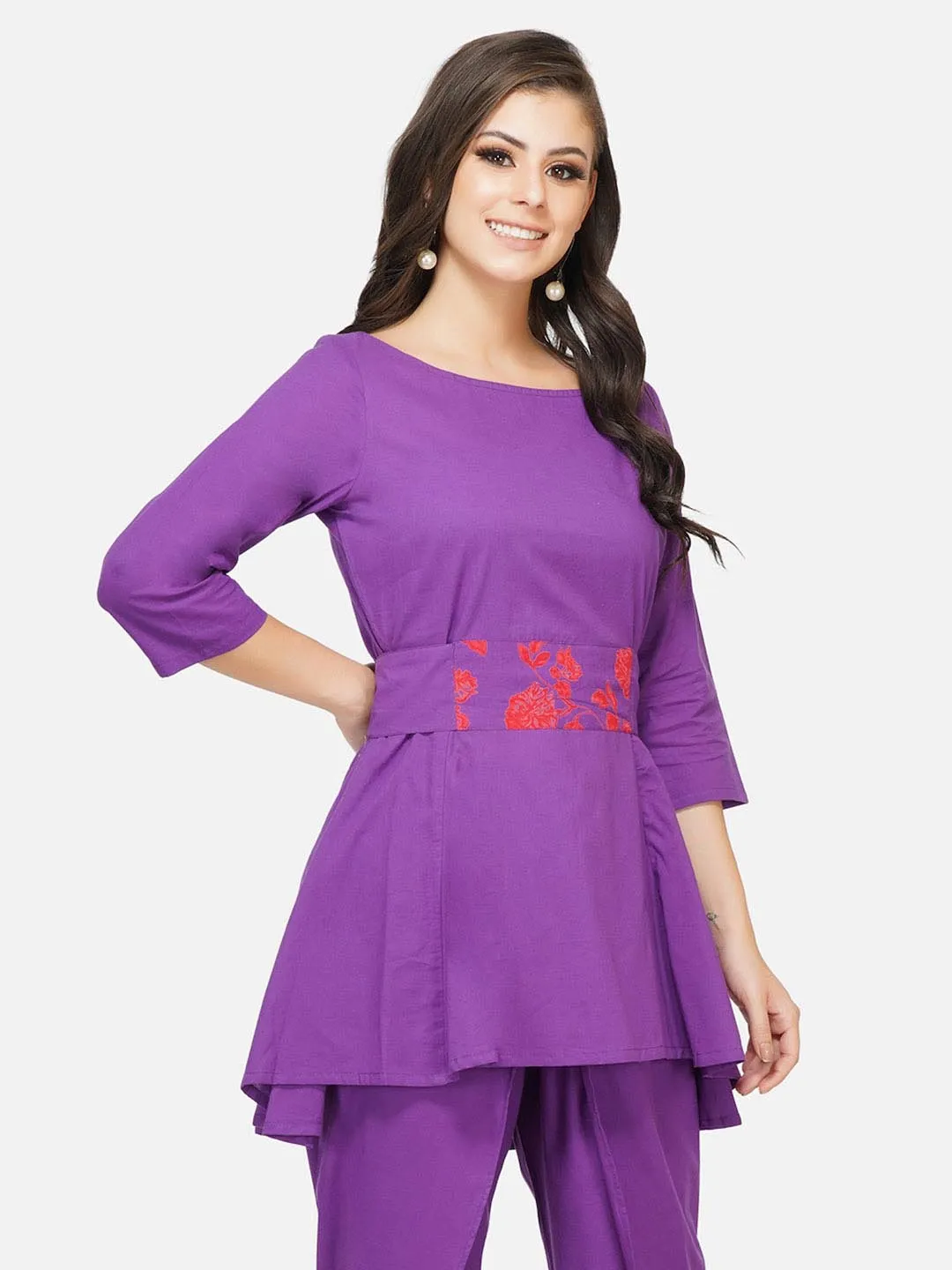 Purple Peplum Tunic With Printed Tie Up