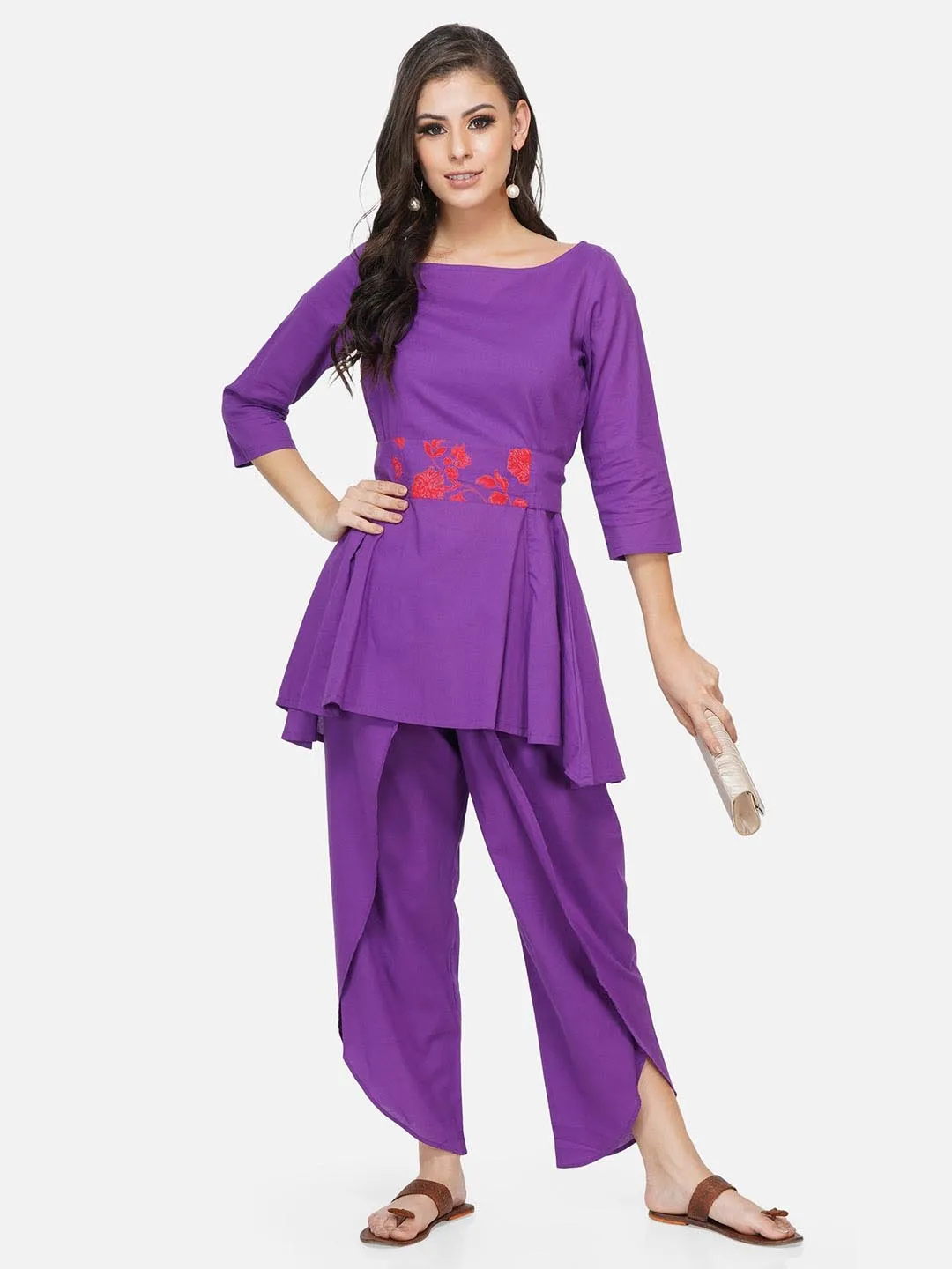 Purple Peplum Tunic With Printed Tie Up