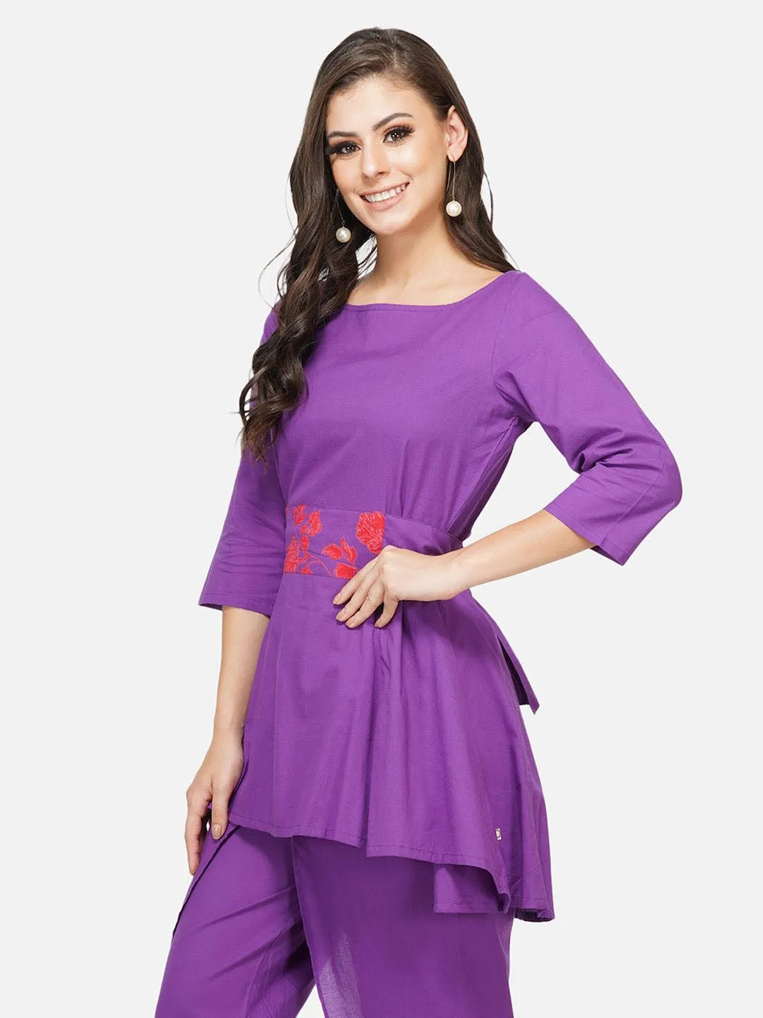 Purple Peplum Tunic With Printed Tie Up