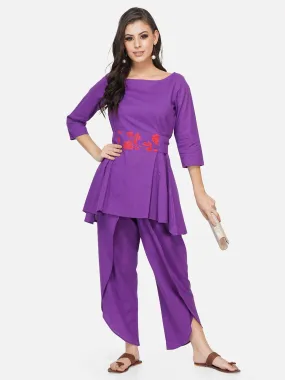 Purple Peplum Tunic With Printed Tie Up