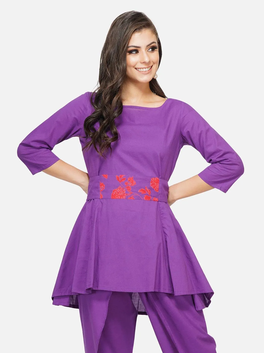 Purple Peplum Tunic With Printed Tie Up