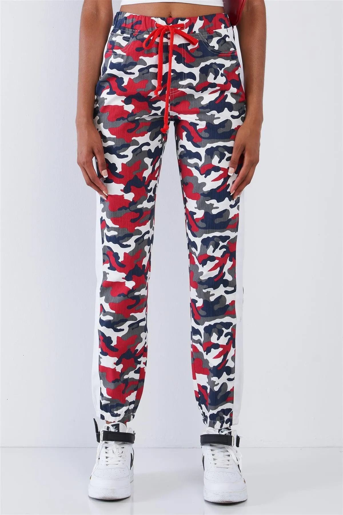 Red Camo Side Striped Elastic Waist Cargo Pants