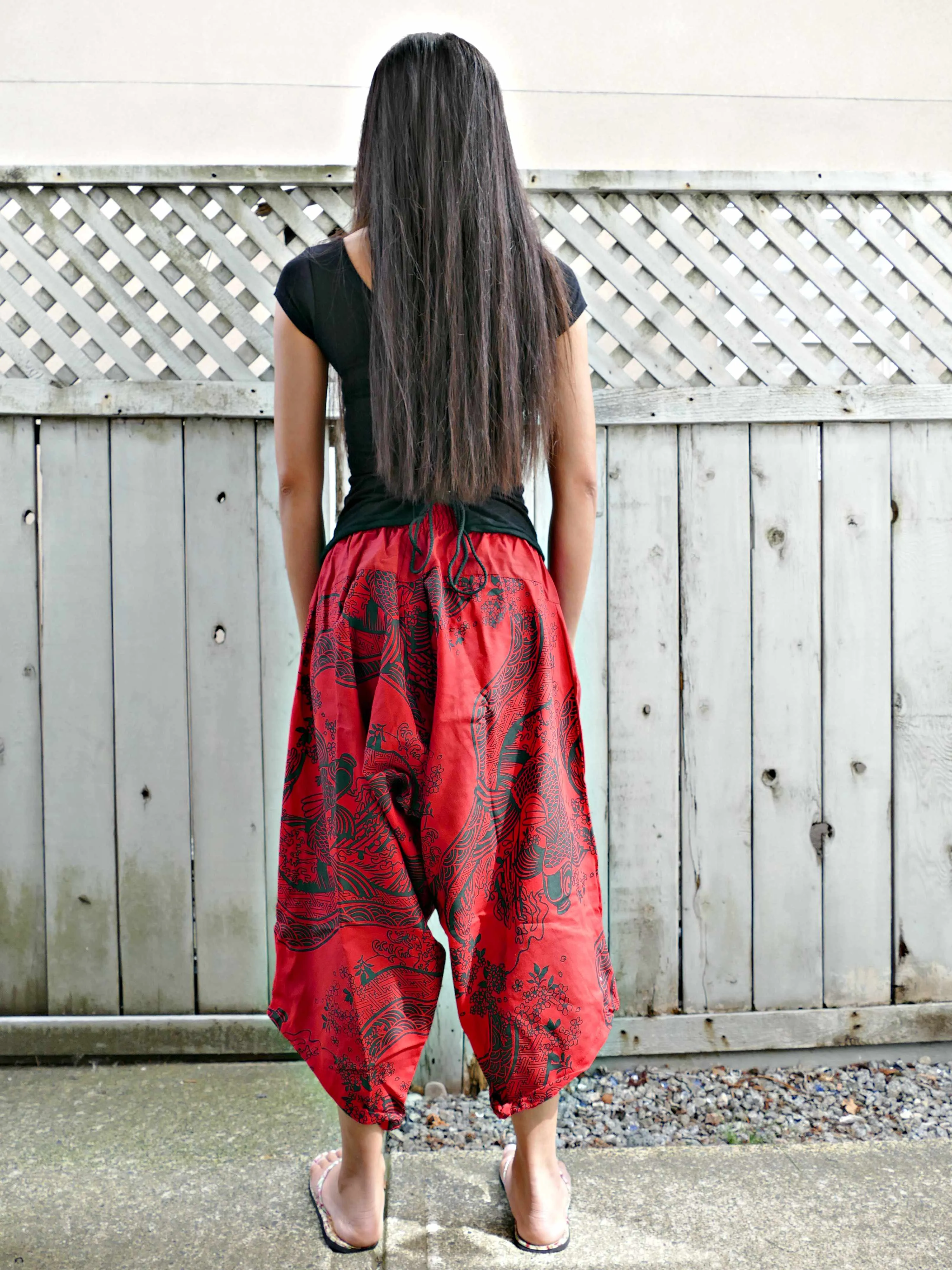 Red Koi Fish Elastic Waist Samurai Pants