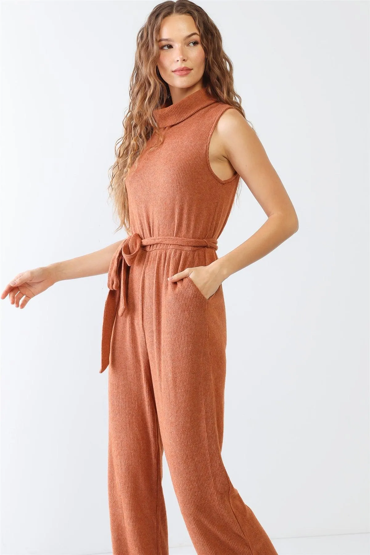 Rust Ribbed Sleeveless Turtle Neck Jumpsuit /2-2-2