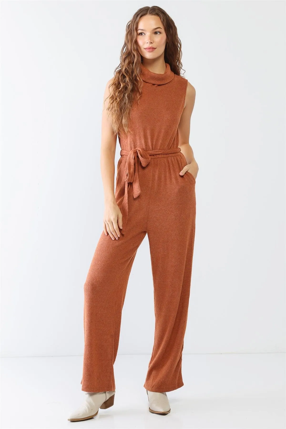 Rust Ribbed Sleeveless Turtle Neck Jumpsuit /2-2-2