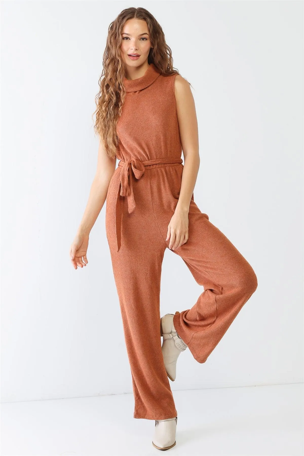 Rust Ribbed Sleeveless Turtle Neck Jumpsuit /2-2-2