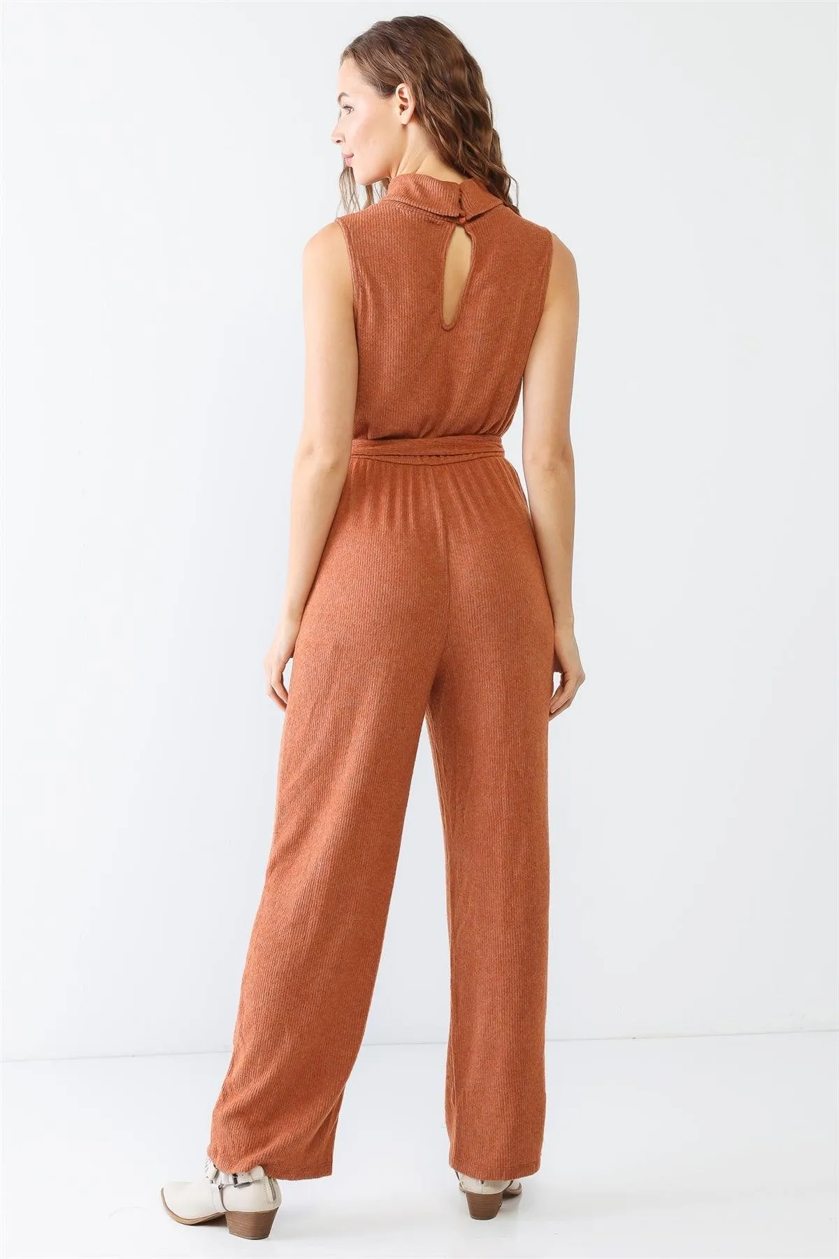 Rust Ribbed Sleeveless Turtle Neck Jumpsuit /2-2-2