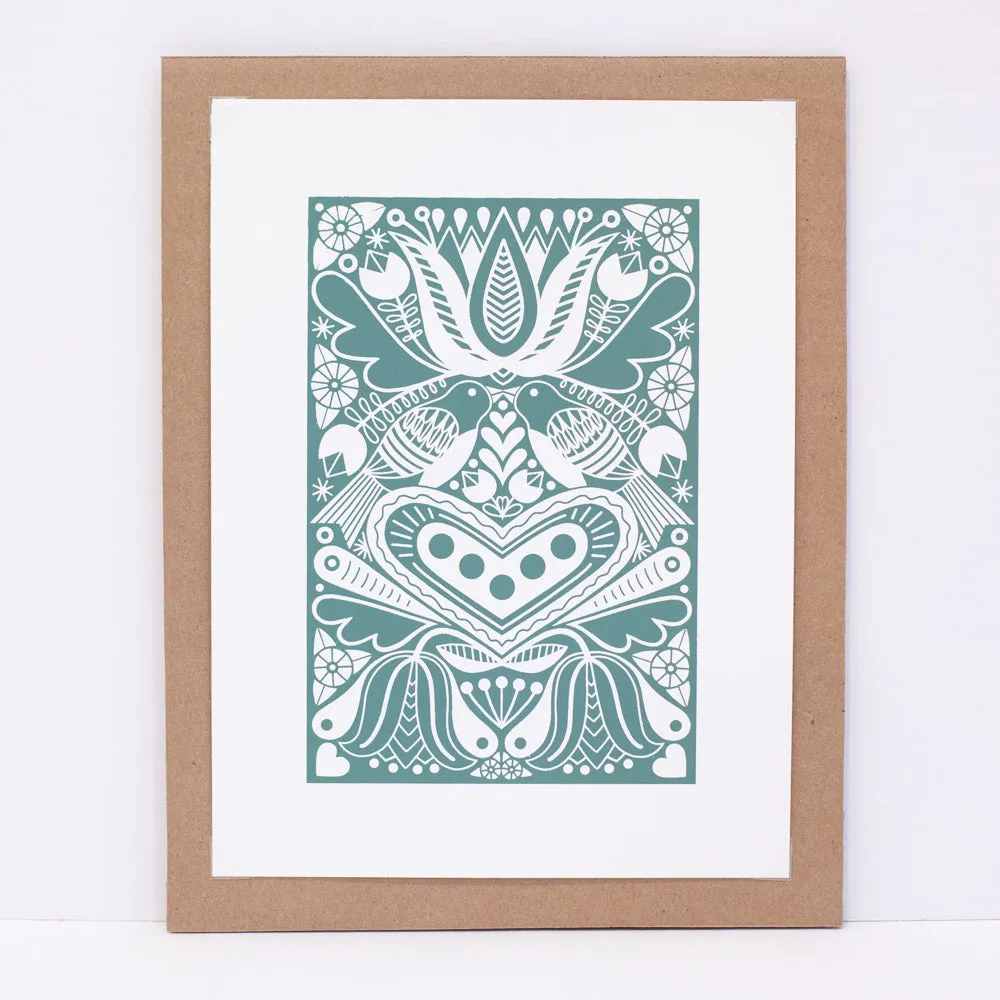 sage green folk art print, floral art print, small original art print for gallery wall, petite print series by exit343design