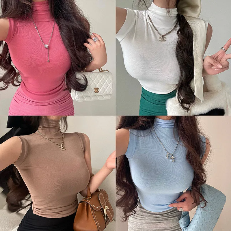 Salia Solid Color Turtleneck Short Sleeve Slim Top