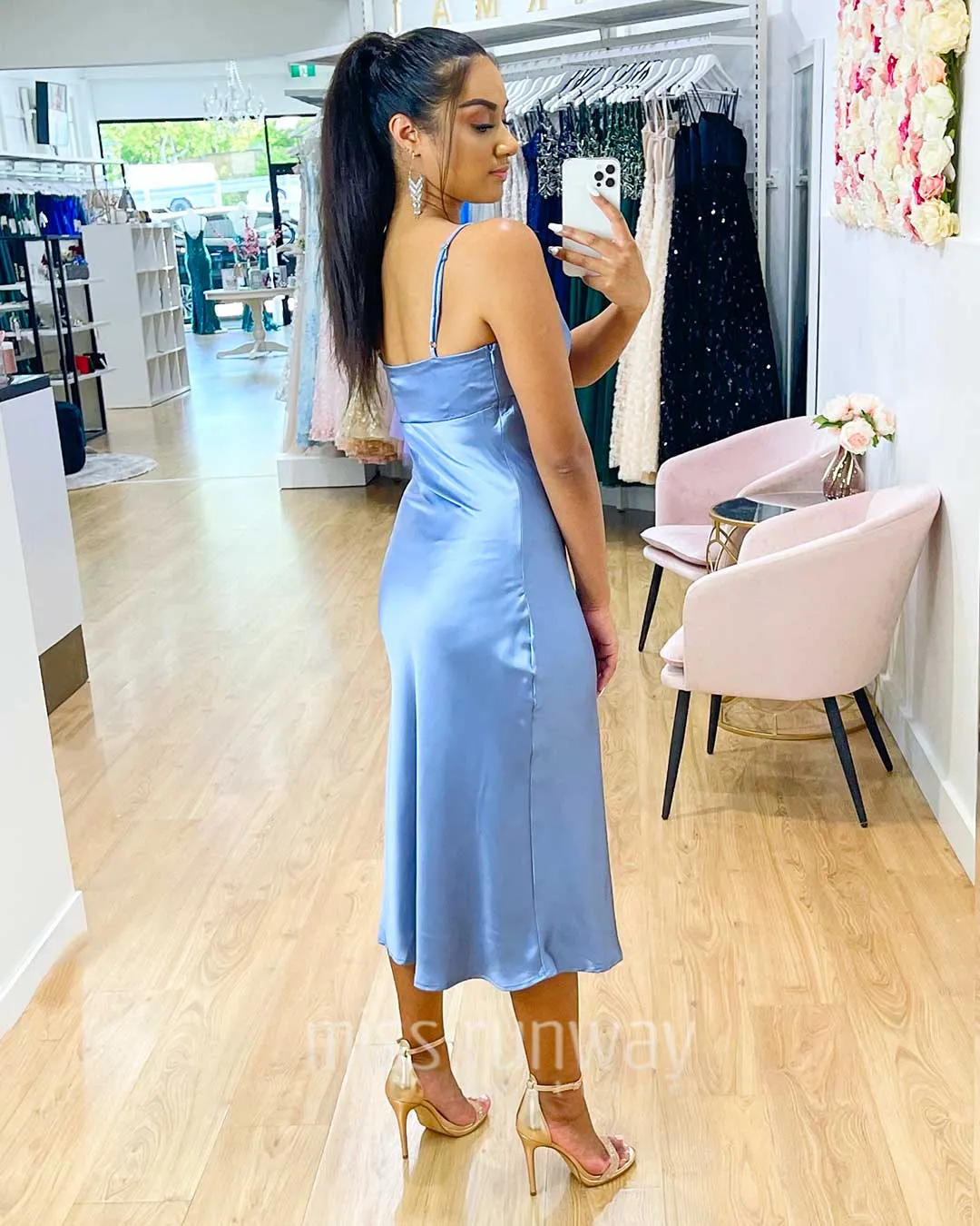 Sandrine Satin Midi Dress - Blue