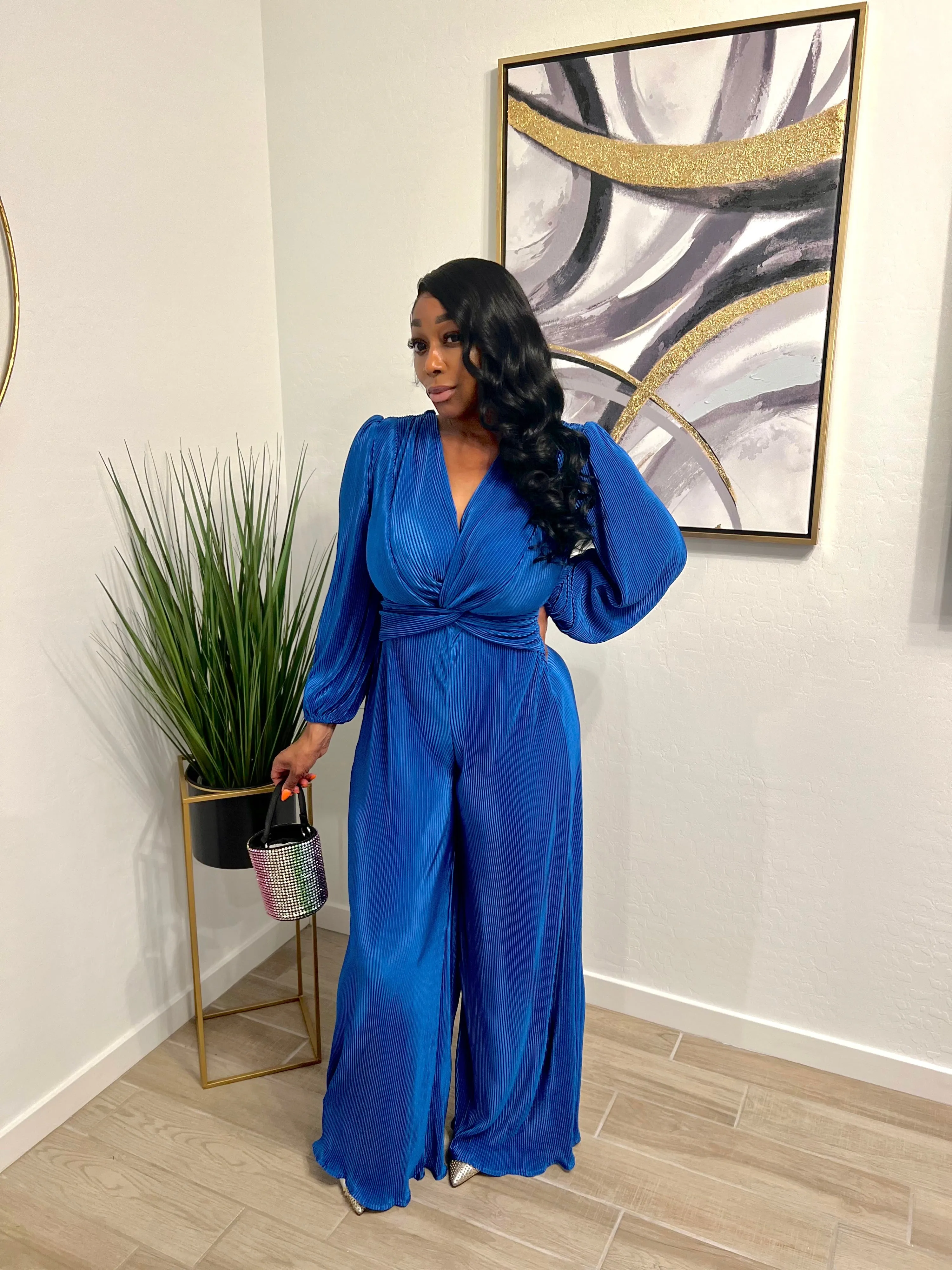 Sapphire Glow Pleated Jumpsuit