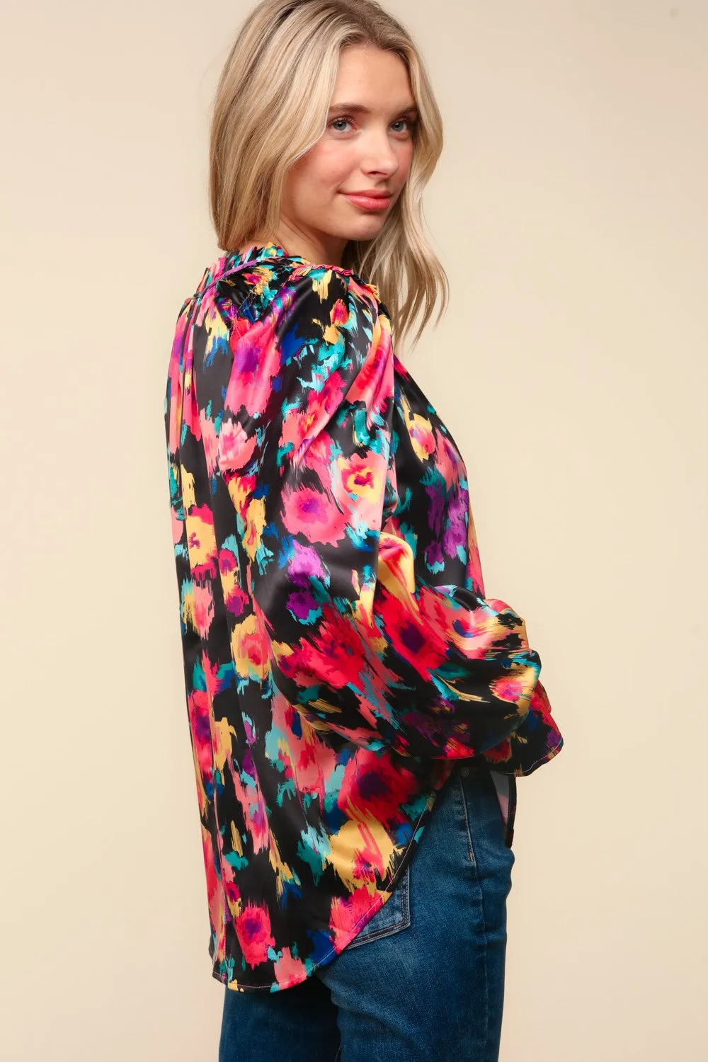 Satin Floral Bubble Sleeve Top