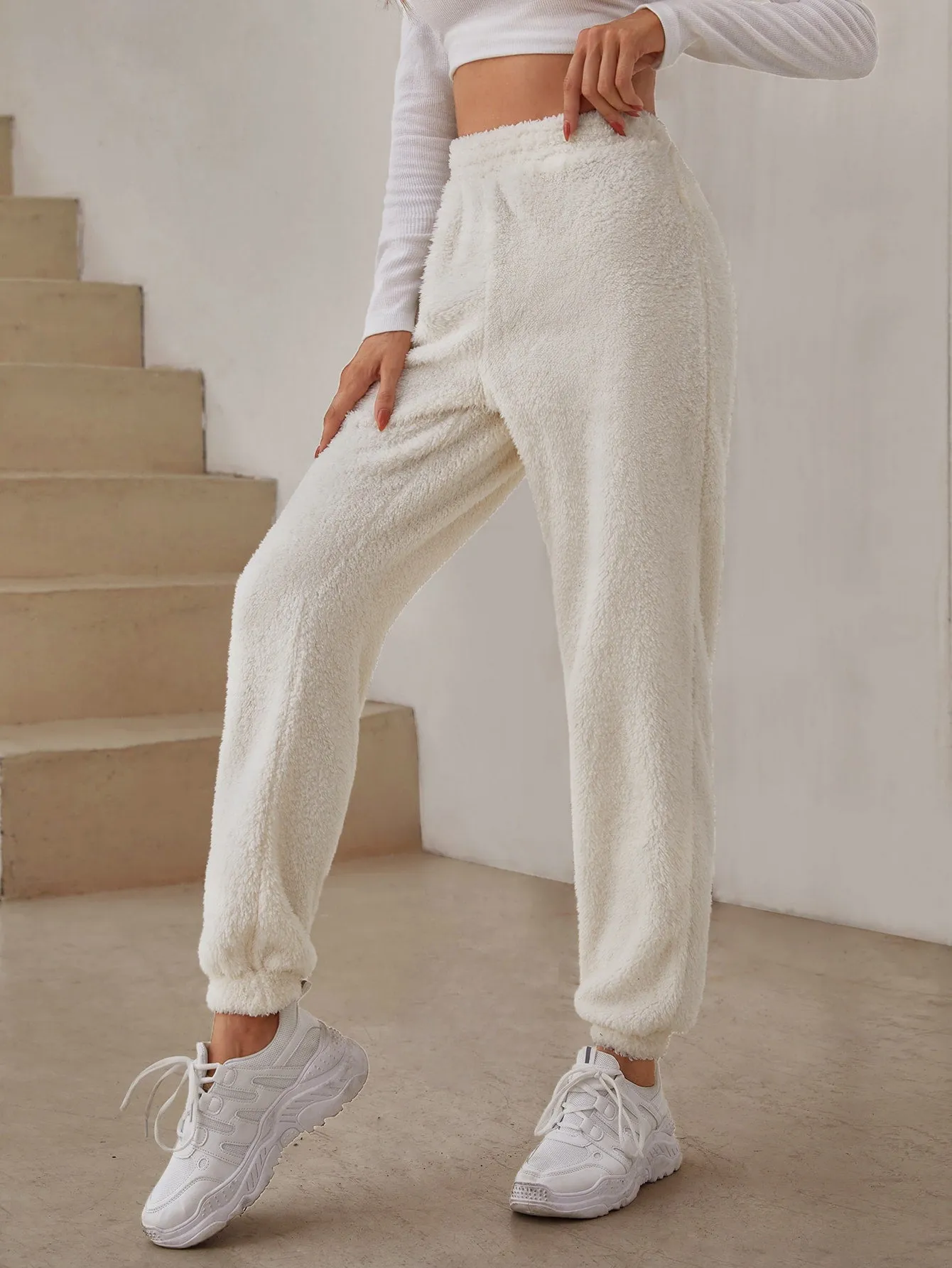 SHEIN EZwear Elastic Waist Solid Teddy Pants