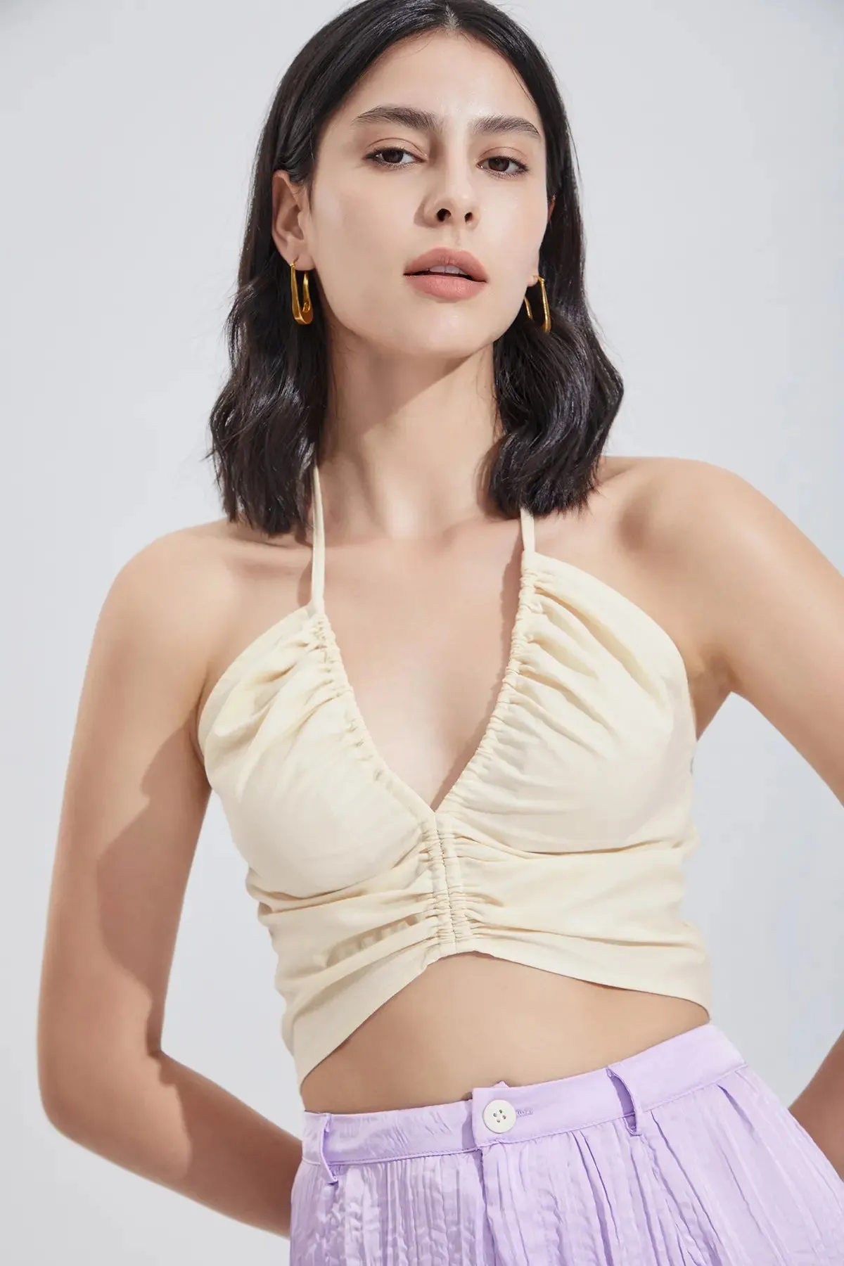 Shirred Drawstring Halter Crop Top