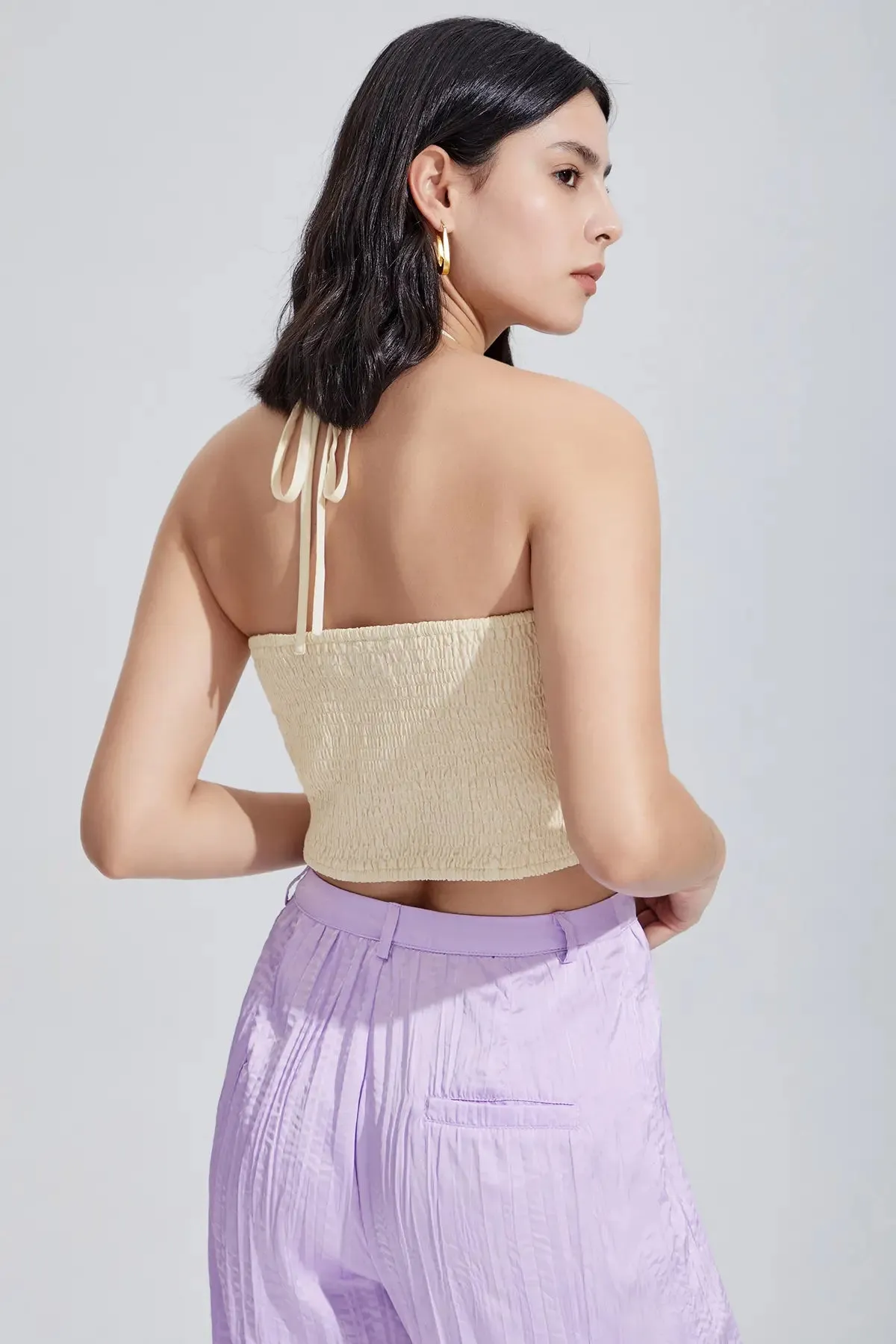 Shirred Drawstring Halter Crop Top