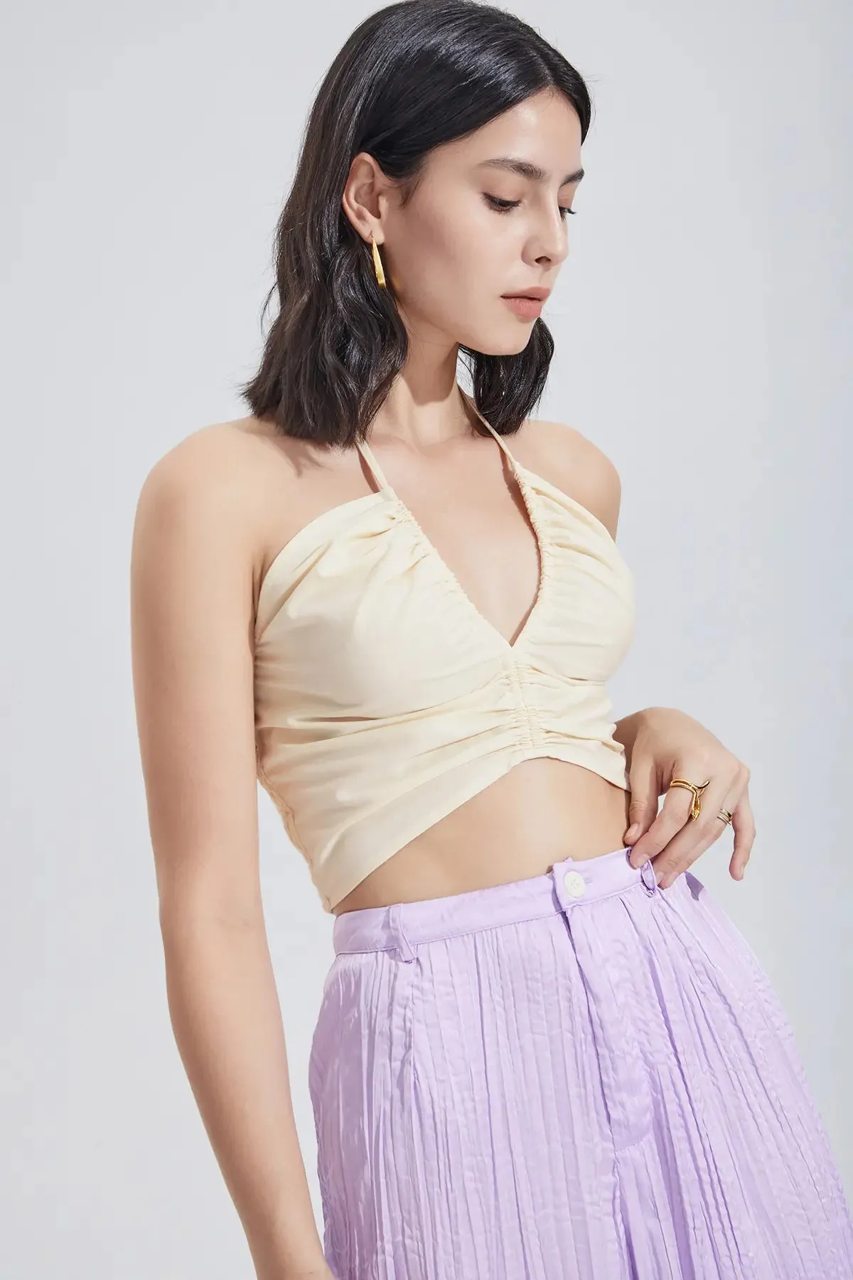 Shirred Drawstring Halter Crop Top