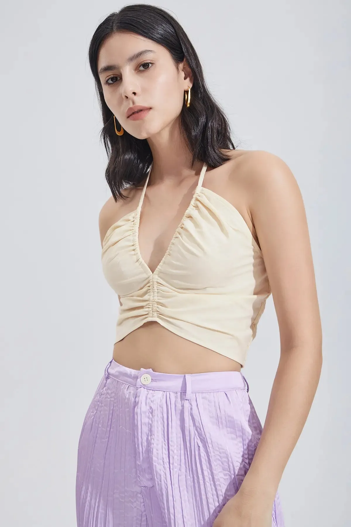 Shirred Drawstring Halter Crop Top