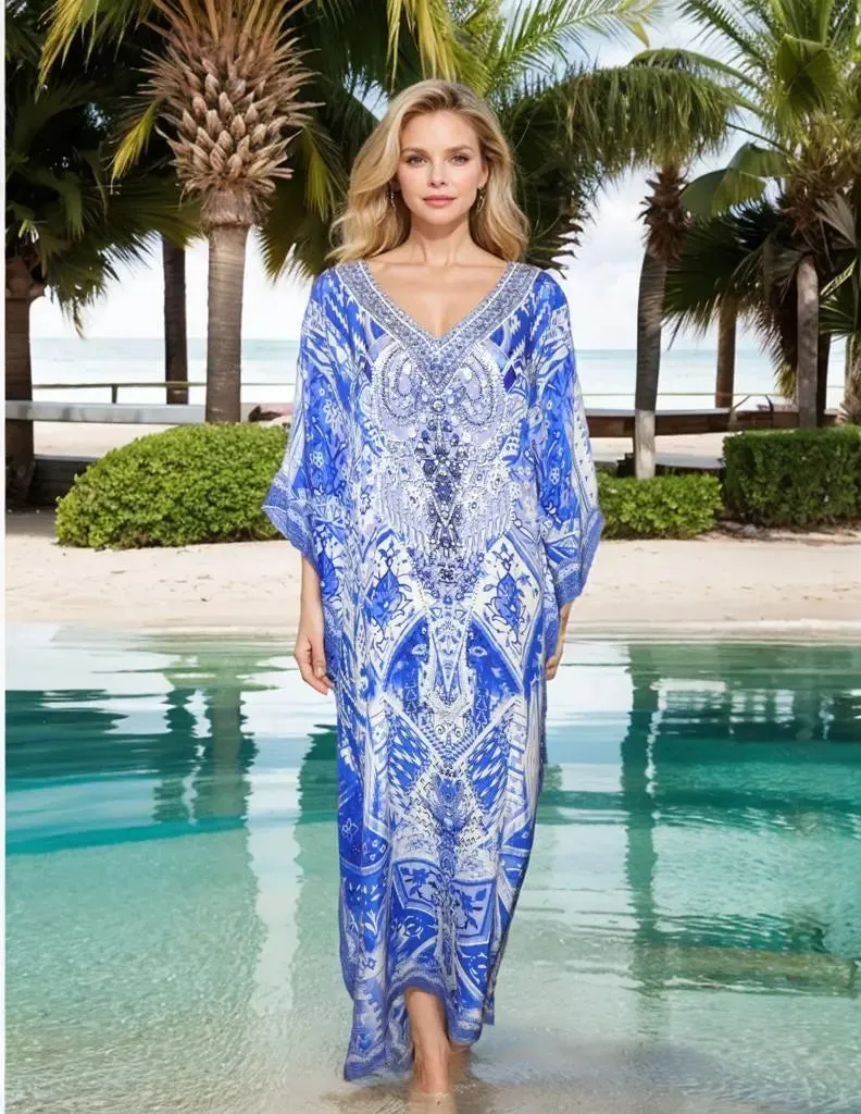 Silk Embellished Cold Shoulder Long Kaftan