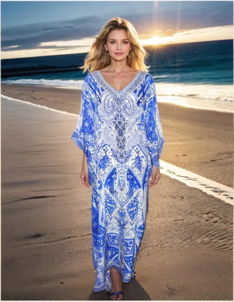 Silk Embellished Cold Shoulder Long Kaftan