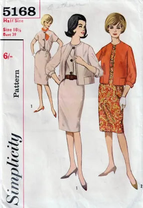 Simplicity 5168 Womens Half Size Sheath Dress & Short Jacket 1960s Vintage Sewing Pattern Bust 39 inches