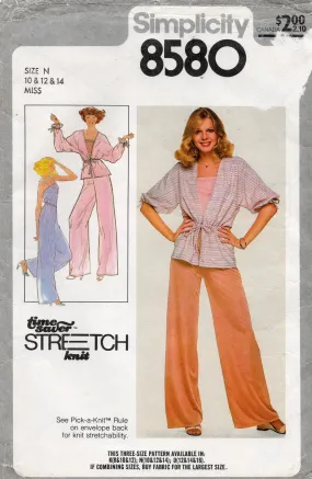 Simplicity 8580 Womens Stretch Knit Casual Top Jacket & Wide Leg Pants 1970s Vintage Sewing Pattern Size 10 - 14