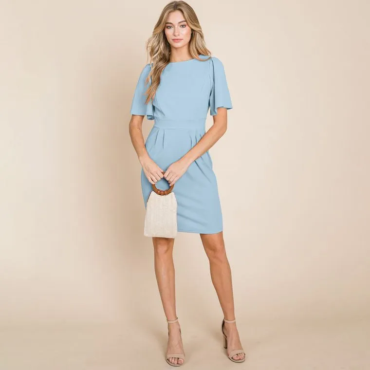 Sky Blue Flutter Short Sleeve Sheath Dress